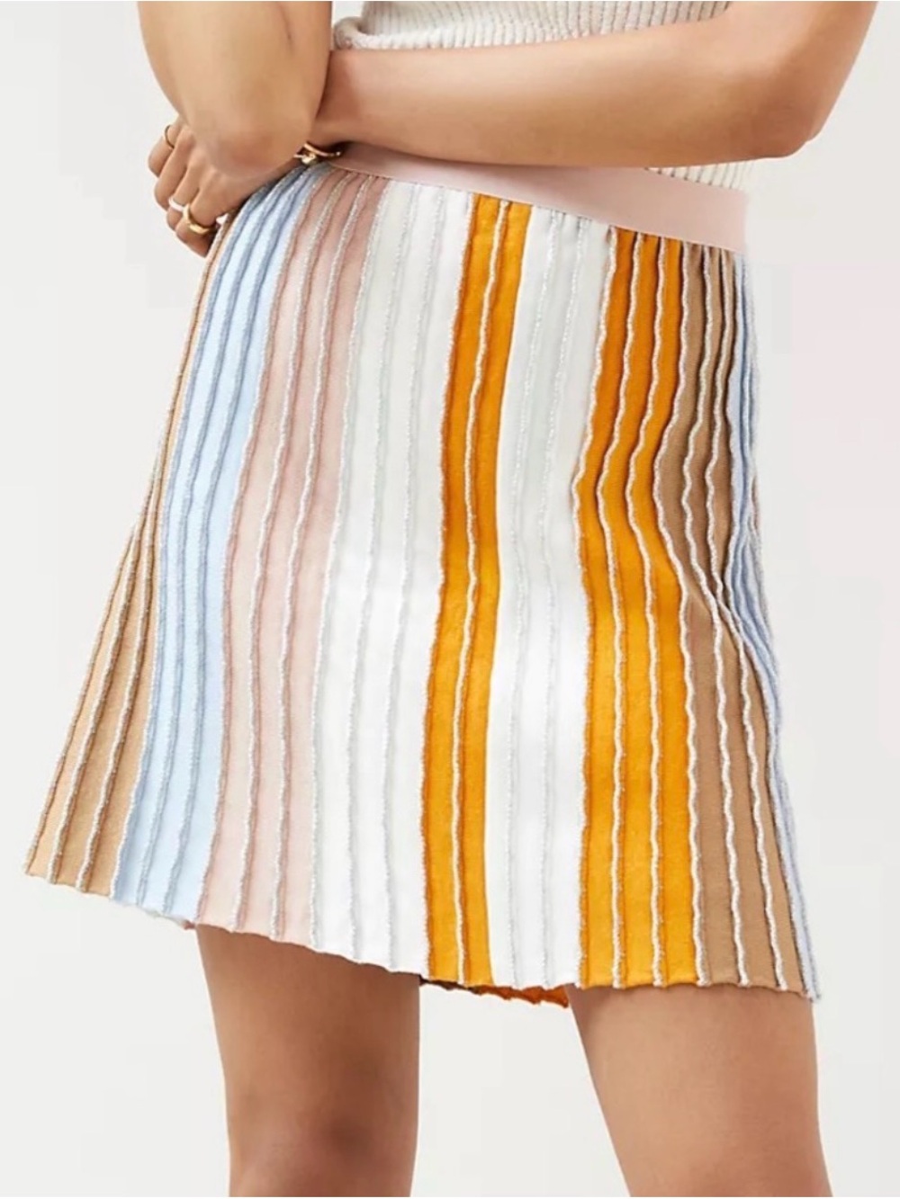 Striped Multicolor Pleated Knit Skirt - White, Mustard, Pink, Blue